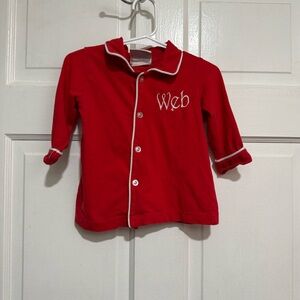 “Web” Monogram Pajama Top 12 Month Red White Christmas Long Sleeve Button Down